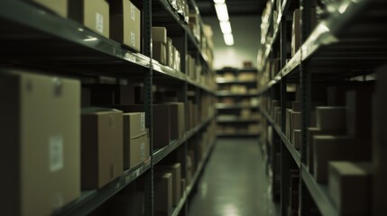 Poster - Boxes on shelves in dark warehouse aisle.