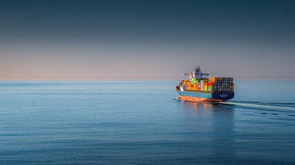Poster - Cargo ship sailing on a calm ocean, sunset sky.