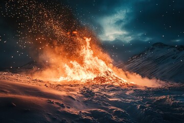 Poster - Large fire burns on snow-covered mountain.