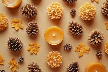 Poster - Yellow candles, pinecones, and felt flowers arranged on a beige surface.