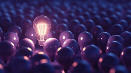 Poster - Single Bright Light Bulb Illuminates Sea of Dark Bulbs in Background