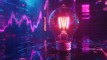 Poster - Neon Light Bulb with Digital Background and Colorful Graphs