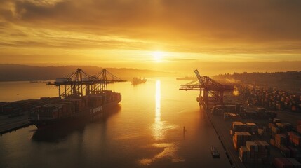 Poster - Container ships docked at port during sunset, with cranes.