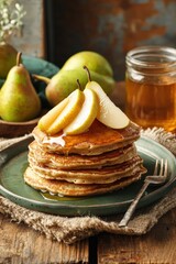 Poster - Stacked pancakes with sliced pears and honey drizzle on table.