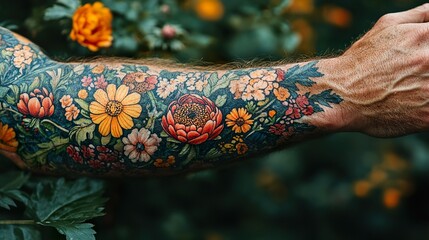 Wall Mural - Vibrant Floral Tattoo on Man's Arm