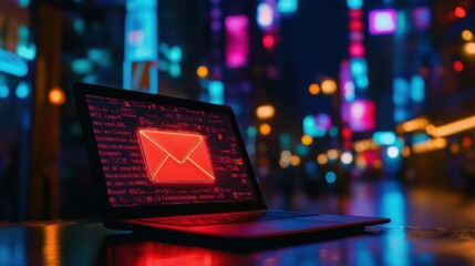 Poster - Laptop with glowing email icon on screen in vibrant city night