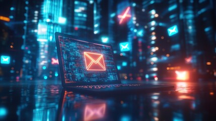 Poster - Futuristic Digital Communication Concept with Laptop and Neon Lights