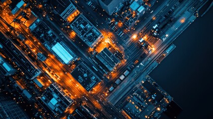 Aufkleber - Aerial view of a city at night with many bright lights and roads.