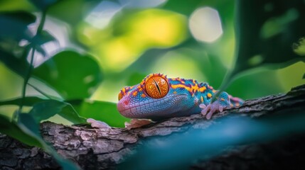 Aufkleber - Gecko with orange eyes sitting on tree branch.