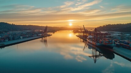 Poster - Container port during sunrise with water reflection.