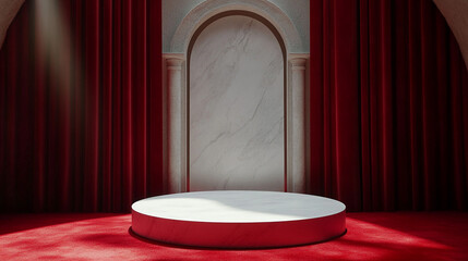 Poster - Elegant stage setup with red curtains and illuminated circular platform. 