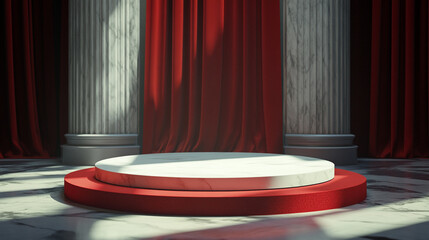 Poster - Elegant stage setup with red curtains and marble podium in a classic venue. 