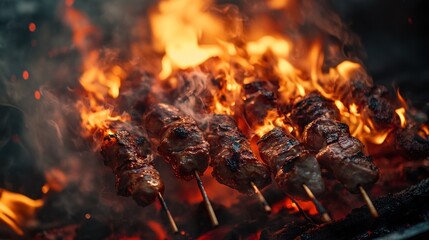 skewered meat grilling over a fire, flames licking upwards.