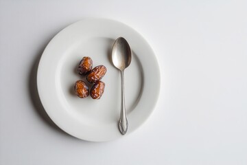Poster - Four dates and spoon on a white plate.