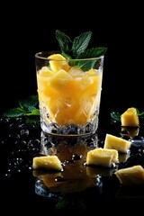 Poster - Pineapple drink with mint, black background, ice.