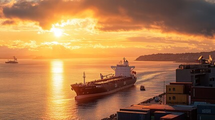 Poster - Cargo ship sails at sunset, containers visible.