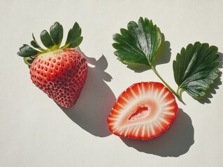Poster - Two strawberries, one sliced, with leaves, against white.