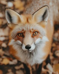 Aufkleber - Orange fox looking up in autumnal leaves.