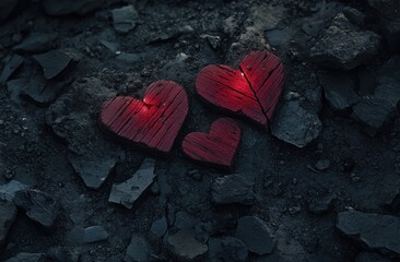 Poster - Three red wooden hearts on dark rough surface.