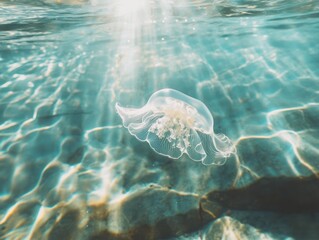 Aufkleber - Jellyfish swims in sunlit, shallow turquoise water over stones.