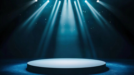 Poster - Bright stage lights illuminate an empty performance platform at night. 