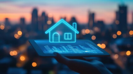 Poster - Digital House Model on Tablet Screen with City Background at Dusk