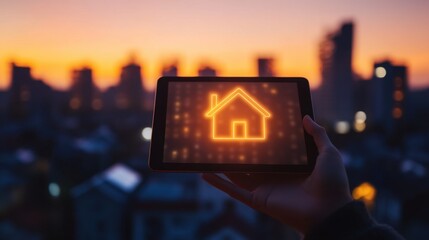 Poster - Hand Holding Tablet with Home Icon Against City Sunset Background