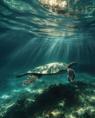 Aufkleber - Sea turtle swimming underwater with sun rays.