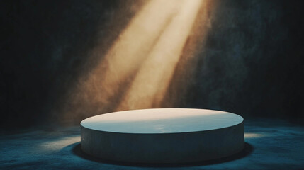Poster - Elevated circular platform illuminated by soft beams of light in a dark space. 