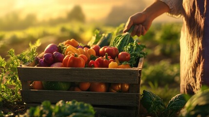 Poster - Fresh harvest. Vegetables picked in crate at farm field at sunset.