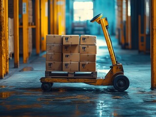 Poster - Cardboard boxes loaded on yellow pallet jack in warehouse.