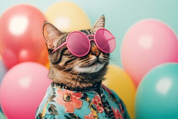 Poster - Cat with pink glasses and flowery shirt surrounded by balloons.