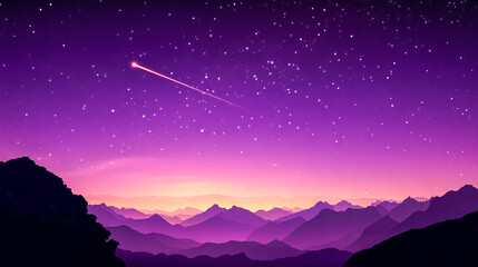 Wall Mural - Vibrant purple mountain range at night with shooting star and starry sky