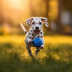 Wall Mural - Dalmatian puppy running towards camera with a blue ball.