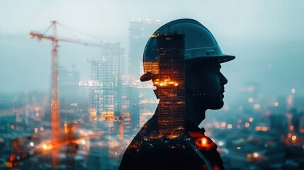 Poster - Worker silhouette overlayed with construction site at night.