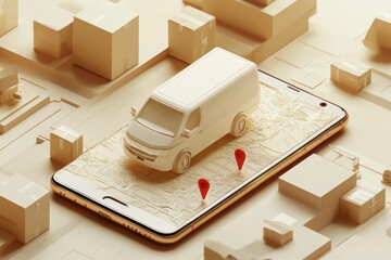 Poster - Delivery van on smartphone map with packages.