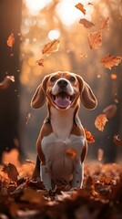 Wall Mural - Happy beagle with falling leaves in forest.