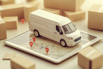 Poster - Miniature delivery van atop tablet with map, boxed parcels.