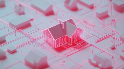 Poster - Virtual Home Model in Digital Landscape with Neon Pink Accent
