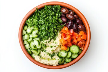 Poster - Bowl with chopped fresh vegetables, hummus, olives.