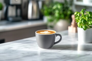Poster - Latte art in gray mug on marble counter with plant.