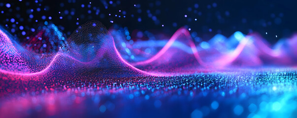 Poster - Abstract digital wave patterns with vibrant colors and glowing particles.