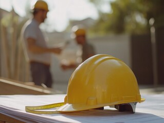 Poster - Construction helmet and blueprints with workers in the background.