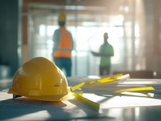 Aufkleber - Construction workers plan, hardhat rests on blueprints.