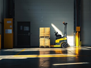 Poster - Forklift and wooden pallets in warehouse.