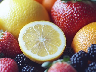 Poster - Assorted fruit close up with sliced lemon.