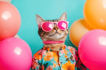 Poster - Cat in sunglasses, party attire with balloons.