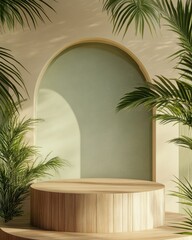 Poster - Round wooden podium, arch, and palm leaves.