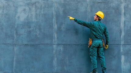 Poster - Worker pointing at wall with hard hat.