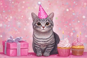 Wall Mural - Birthday cat with gifts, cupcakes, and party hat.